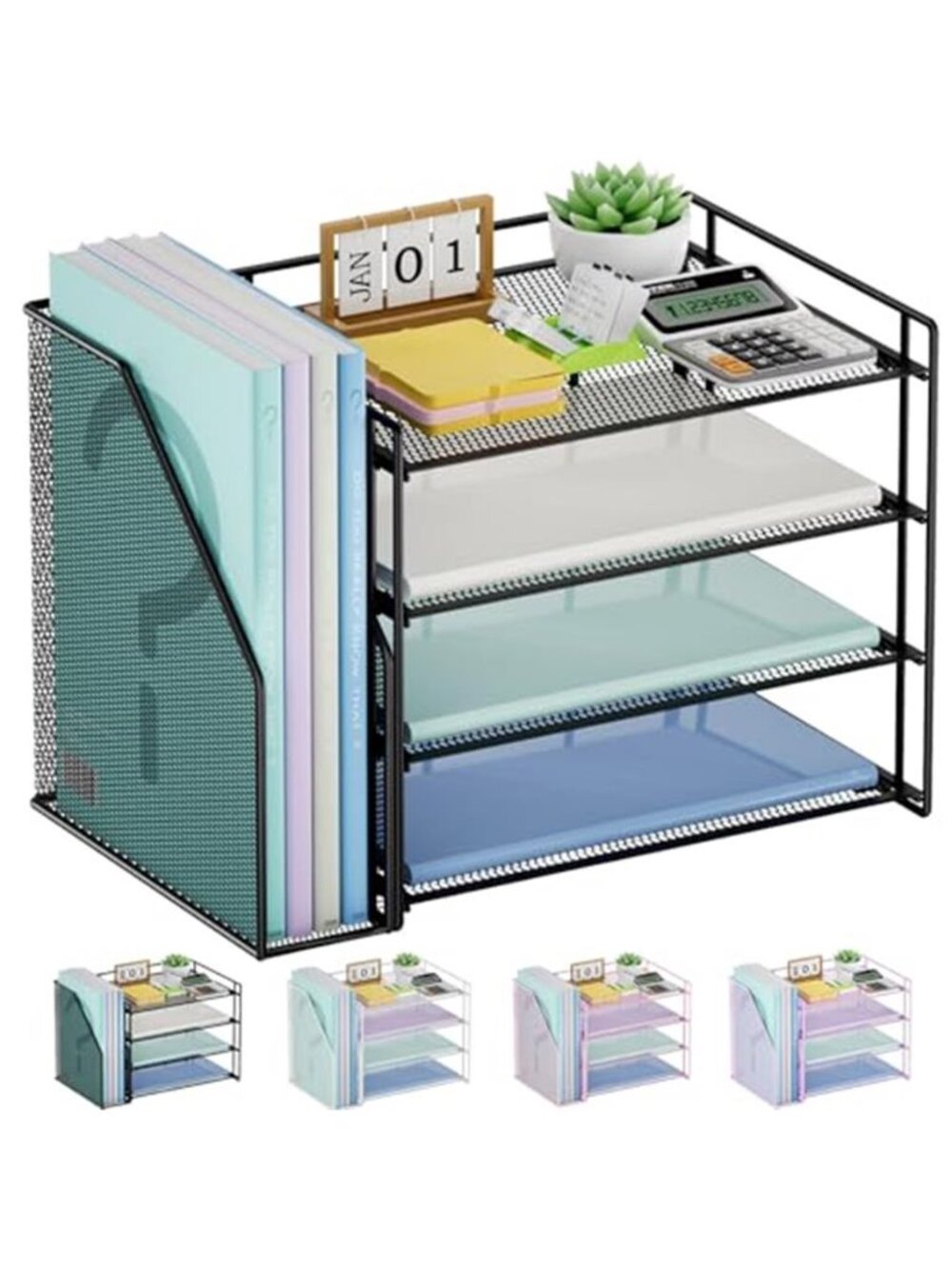 Black Metal Mesh Desk Organizer 4 Tier Letter Tray File Holder Office Storage